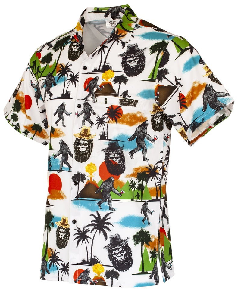 Funny Guy Mugs Mens Bigfoot Hawaiian Print Button Down Short Sleeve Shirt, Large - Image 1